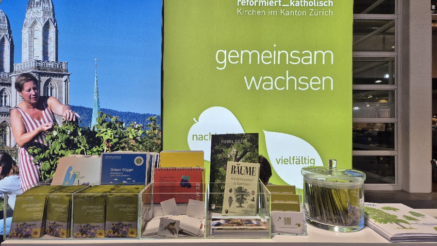Zahlreiche Materialien und Give-Aways gaben den Besuchenden Einblick in unser Engagement zum Thema Nachhaltigkeit und Biodiversität. Foto: Saskia Richter