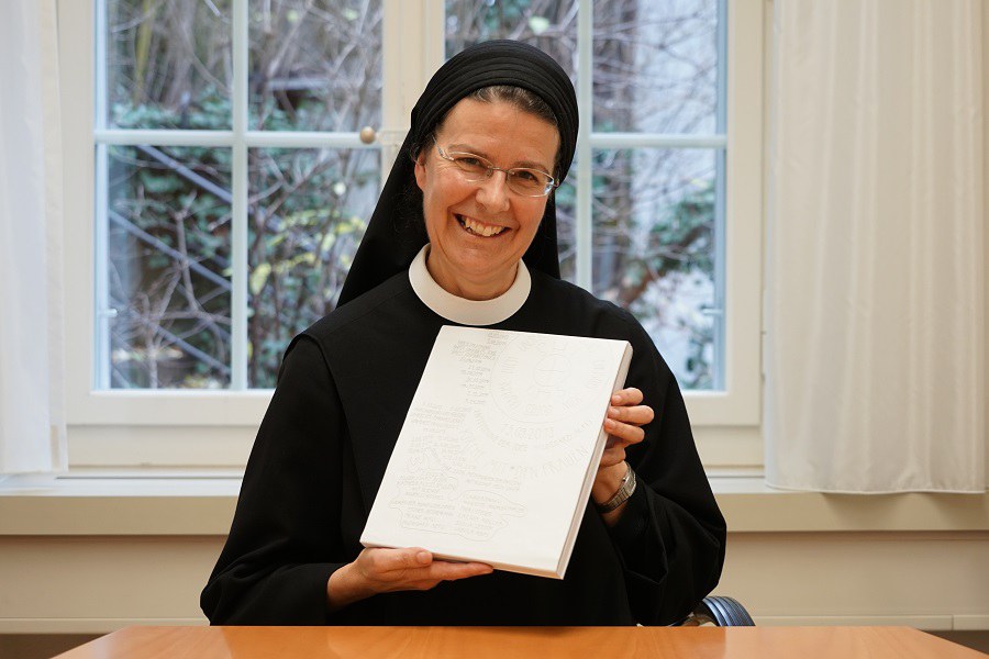 Priorin Irene Gassmann freut sich über das gelungene Buch «Ein weiter Weg - 1200 Kilometer für eine Kirche mit den Frauen» Foto:Arnold Landtwing