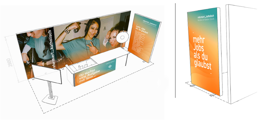 In etwa so wird der ökumenische Stand der Kirchen auf der Bildungsmesse aussehen. Bild: Rendering des Standdesigns, zhref Artikelbild zhkath.png